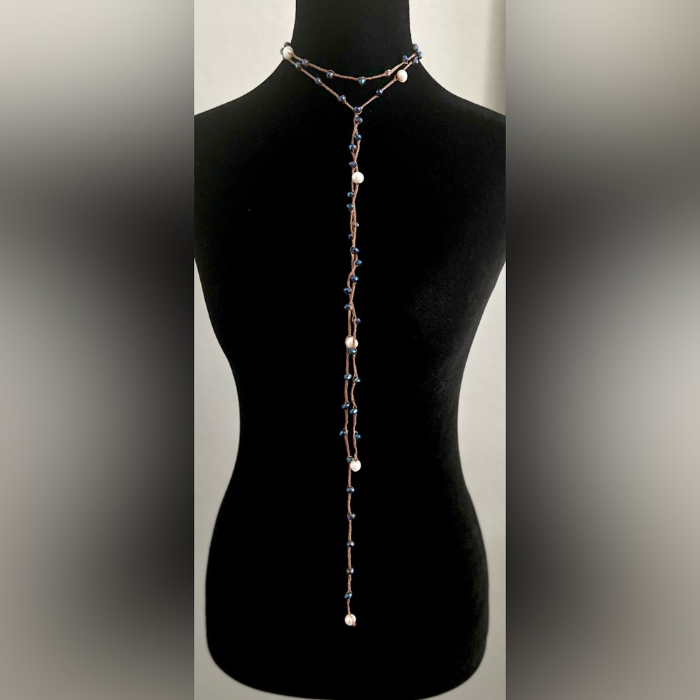 Y2K Brown Wrap Choker Lariat Necklace Blue Crystal Freshwater Pearl 2000s